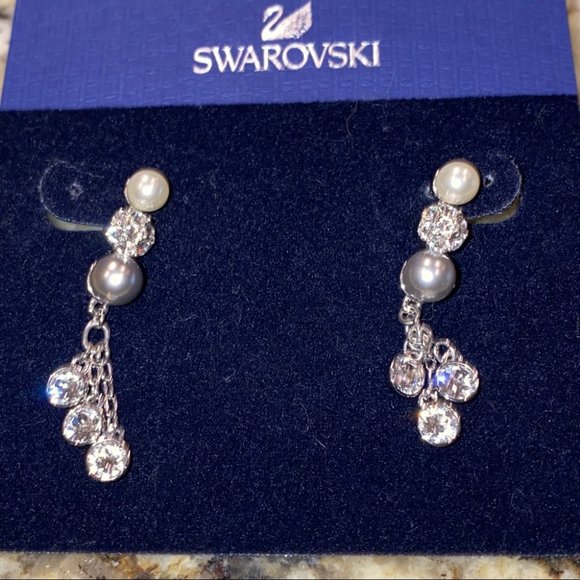 Swarovski Signed Swan Pearl Silver Crystal Earring - Picture 4 of 5